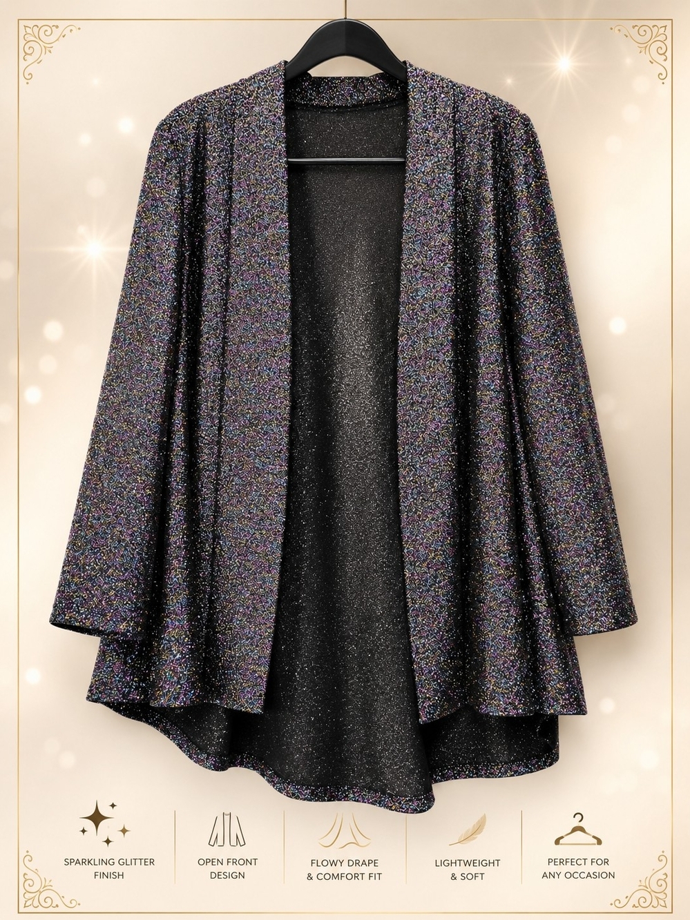 Shimmer Glitter Open Front Cardigan Jacket Metallic Sparkle Disco Clubwear L